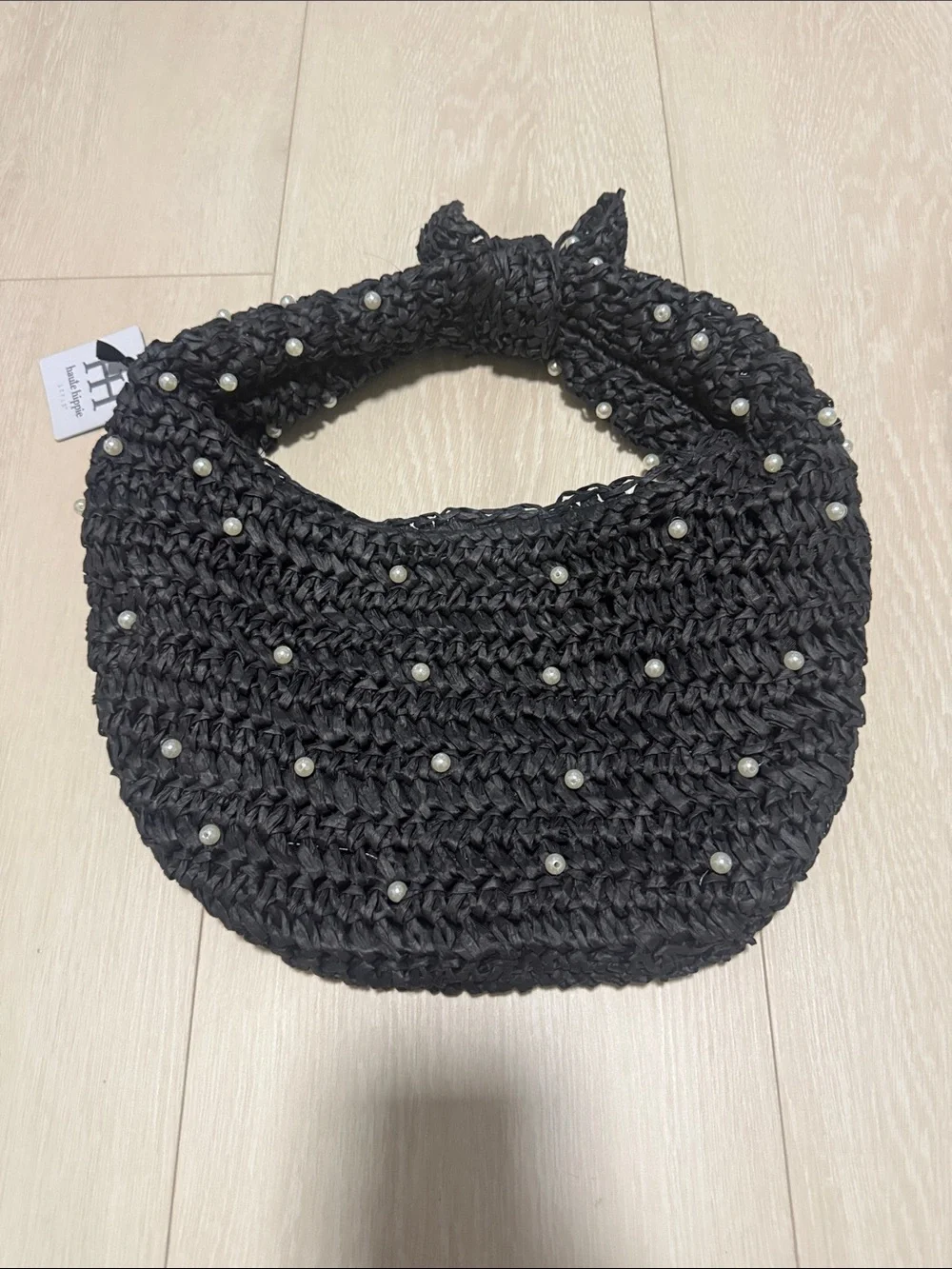 Haute Hippie Charcoal Gray Pearl-Embellished Woven Hobo